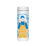 White MiiR 16oz 360 Traveler with blue Salmon Sisters fisherman illustration