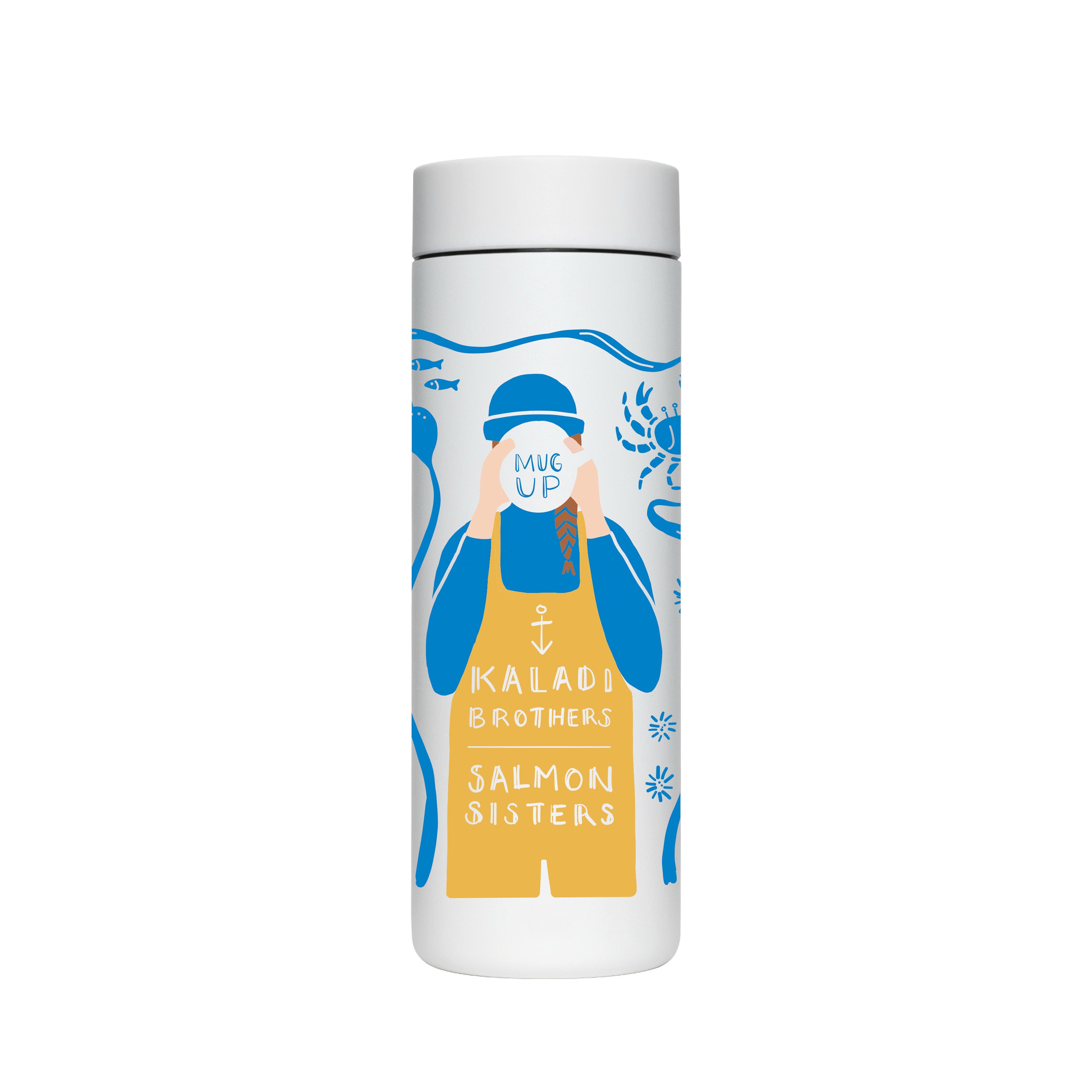 White MiiR 16oz 360 Traveler with blue Salmon Sisters fisherman illustration