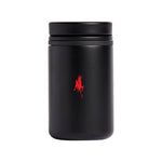 Black 8oz Nomad tumbler with red goat logo, back view