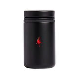 Black 8oz Nomad tumbler with red goat logo, back view