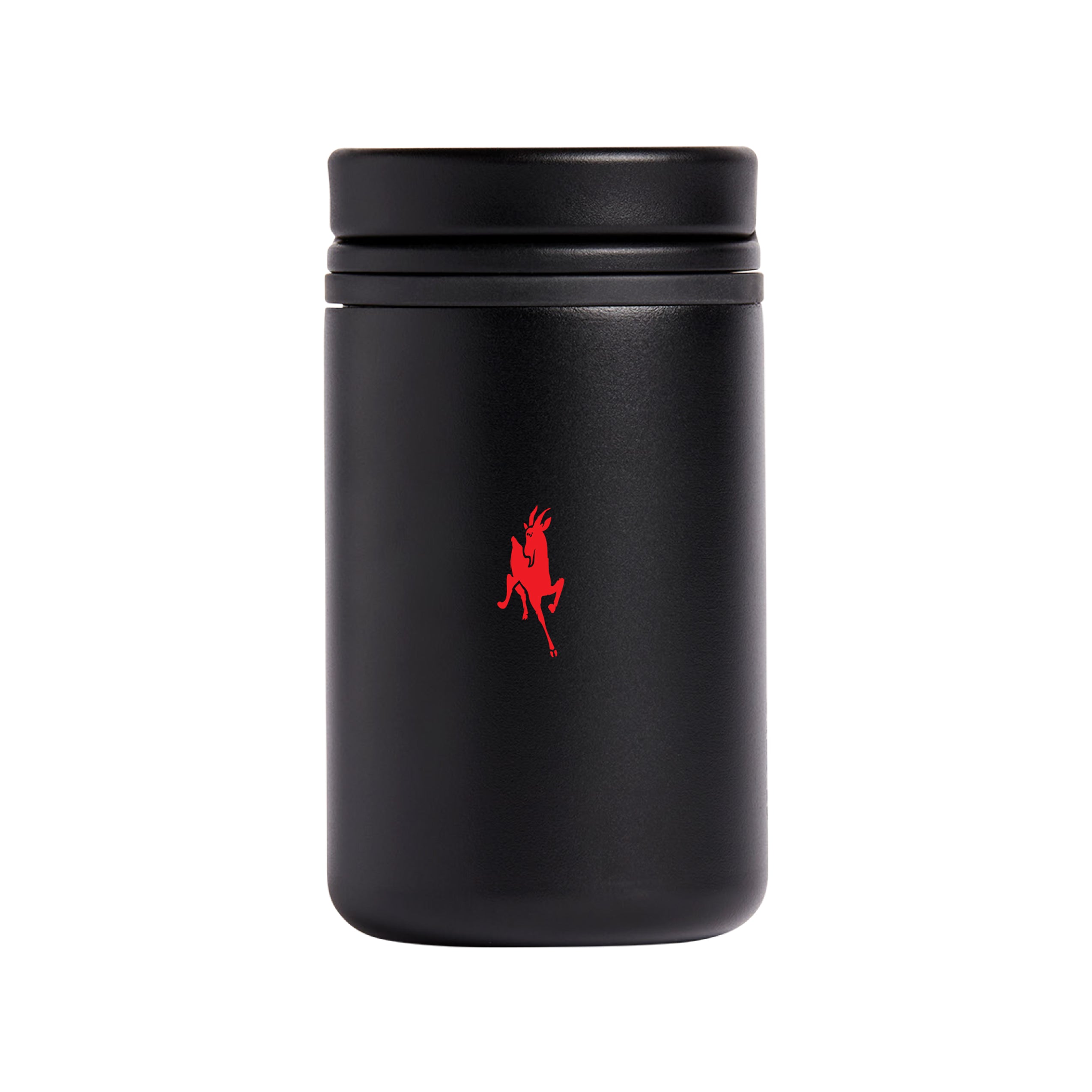 Black 8oz Nomad tumbler with red goat logo, back view