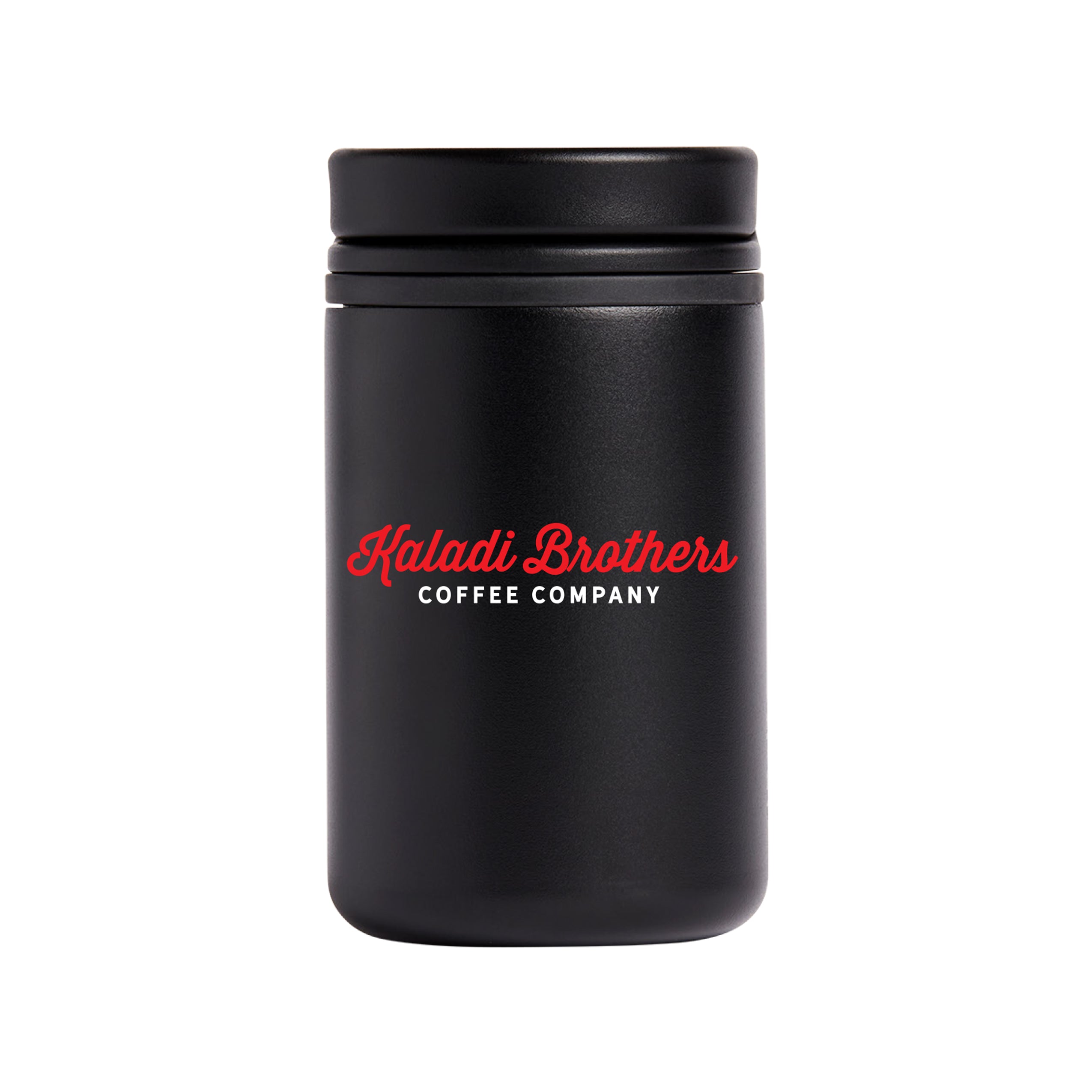 Black 8oz grip lid Nomad tumbler with red Kaladi Brothers logo