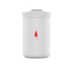 White 8oz Nomad tumbler with red goat logo, back view
