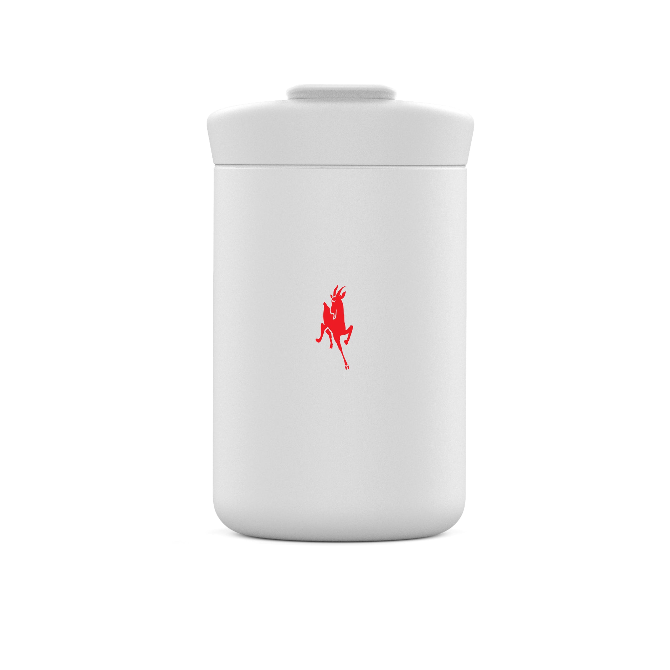 White 8oz Nomad tumbler with red goat logo, back view