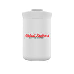 White 8oz flip lid Nomad tumbler with red Kaladi Brothers logo