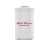 White 8oz flip lid Nomad tumbler with red Kaladi Brothers logo