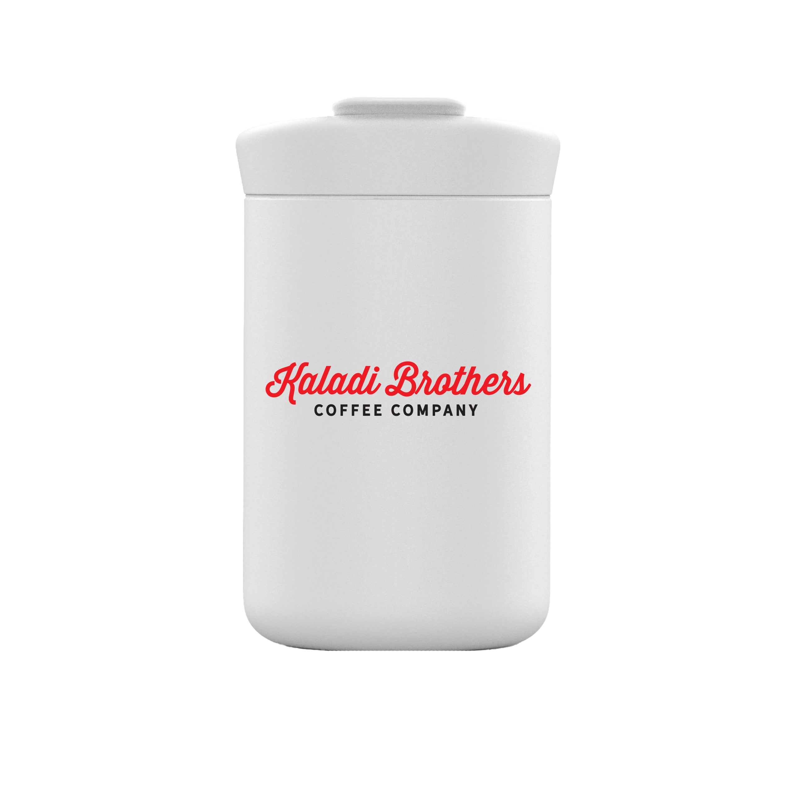 White 8oz flip lid Nomad tumbler with red Kaladi Brothers logo