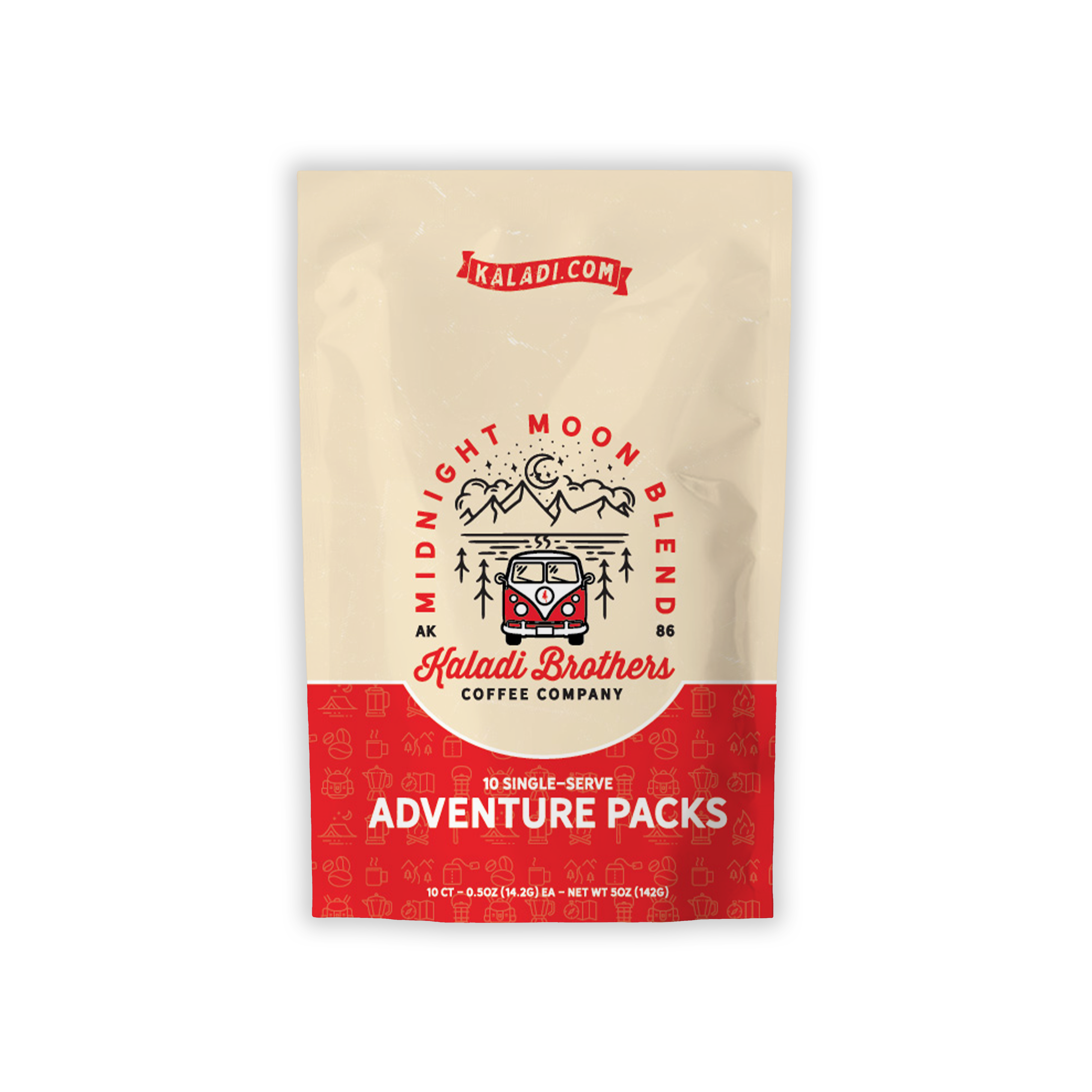 Adventure Packs single-serve coffee pouch — cream and red Midnight Moon Blend packaging