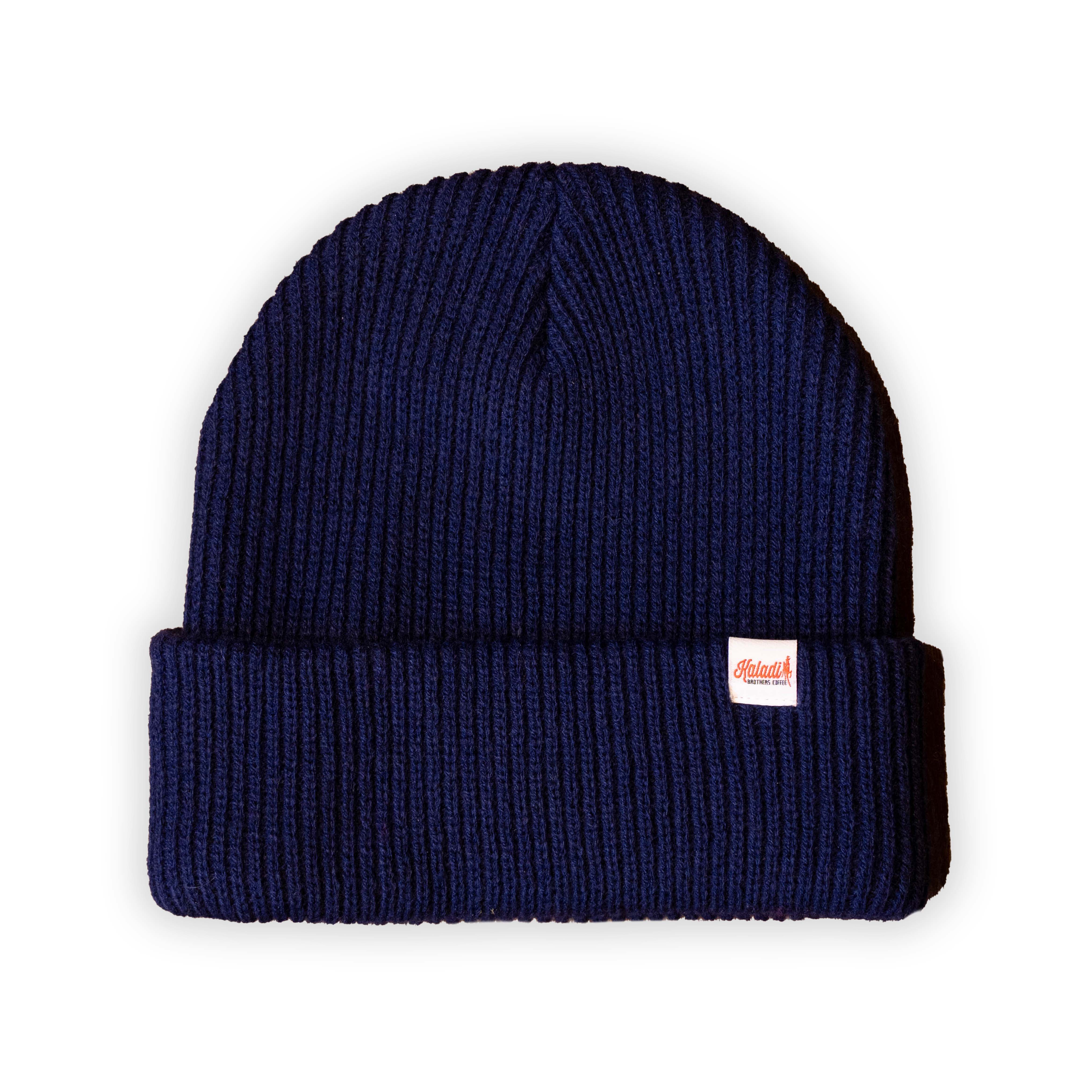 Navy ribbed knit Kaladi beanie with fold-over cuff