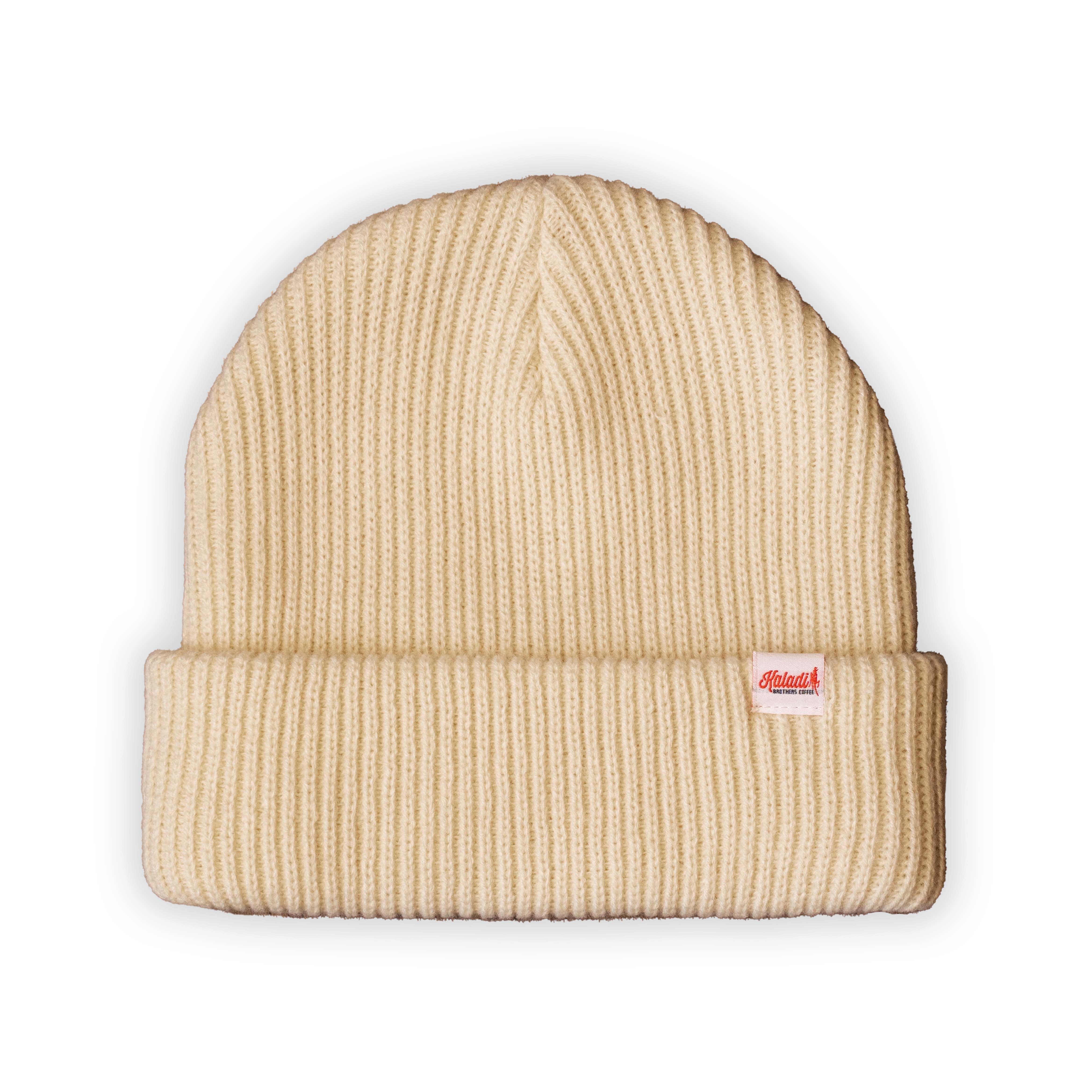 Cream ribbed knit Kaladi beanie with fold-over cuff