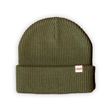 Olive green ribbed knit Kaladi beanie with fold-over cuff