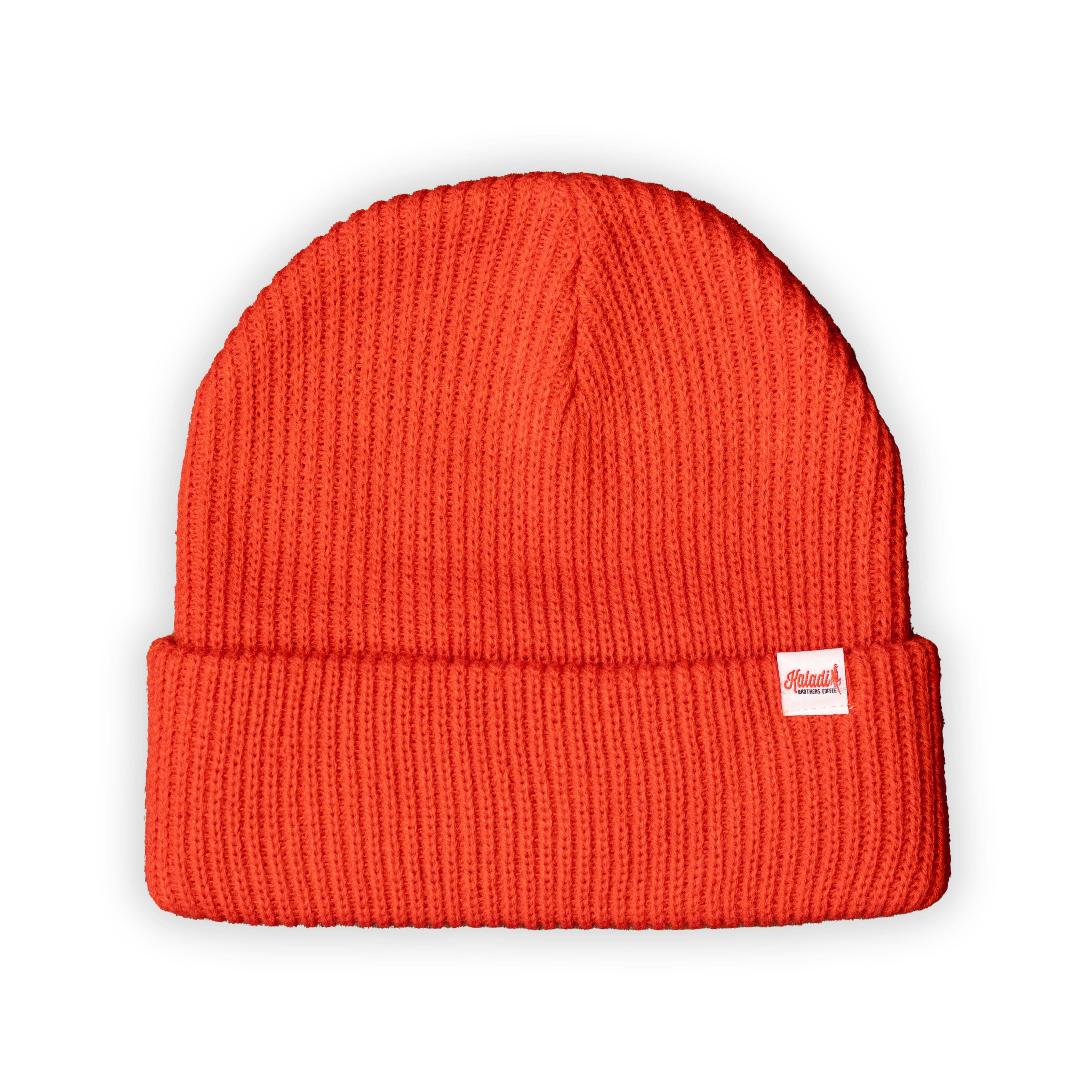 Orange-red ribbed knit Kaladi beanie with fold-over cuff