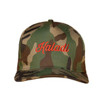 Camo hat with embroidered red Kaladi script