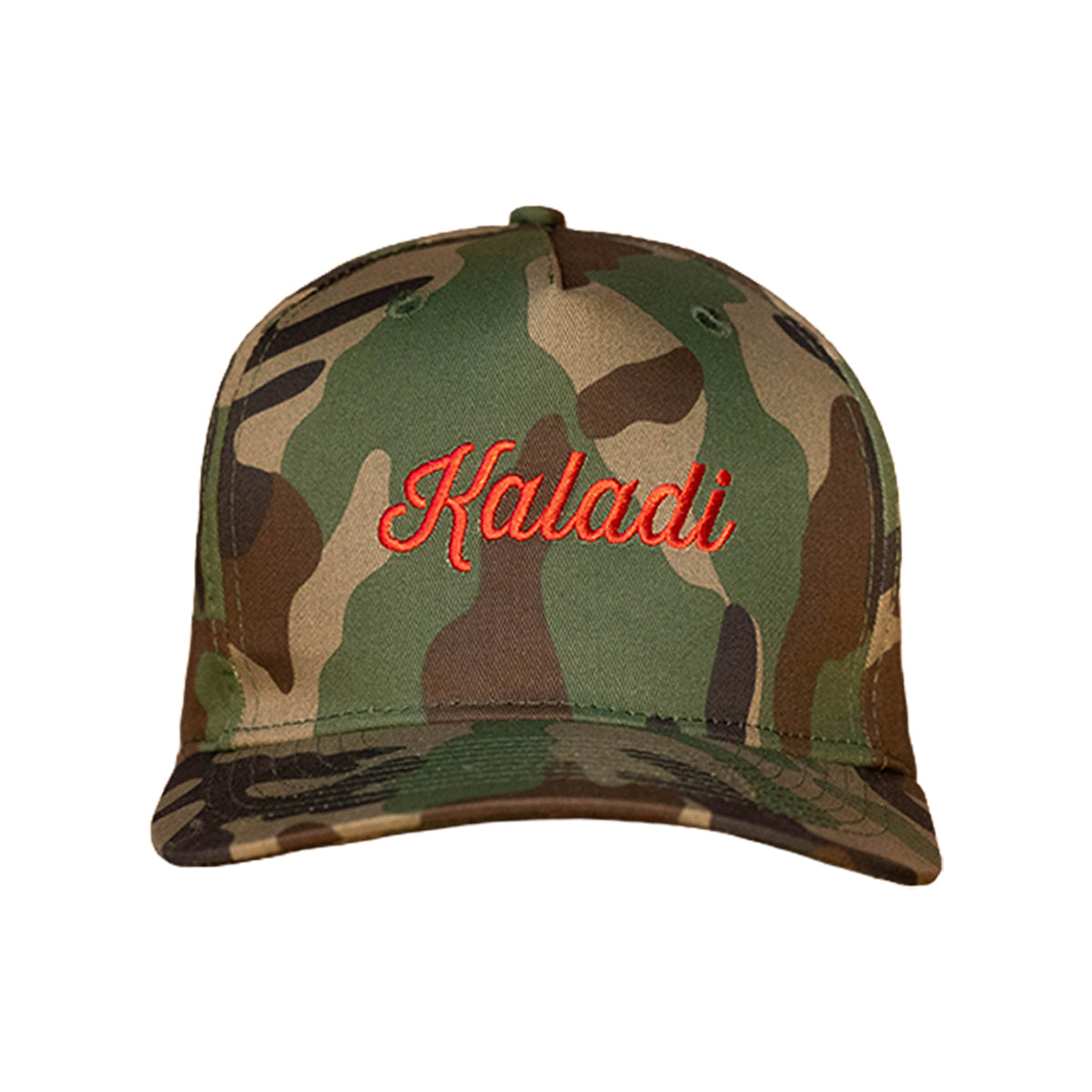 Camo hat with embroidered red Kaladi script