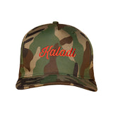 Camo hat with embroidered red Kaladi script