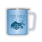 Light blue 12oz camp cup with Salmon Sisters octopus illustration — Mug Up collection
