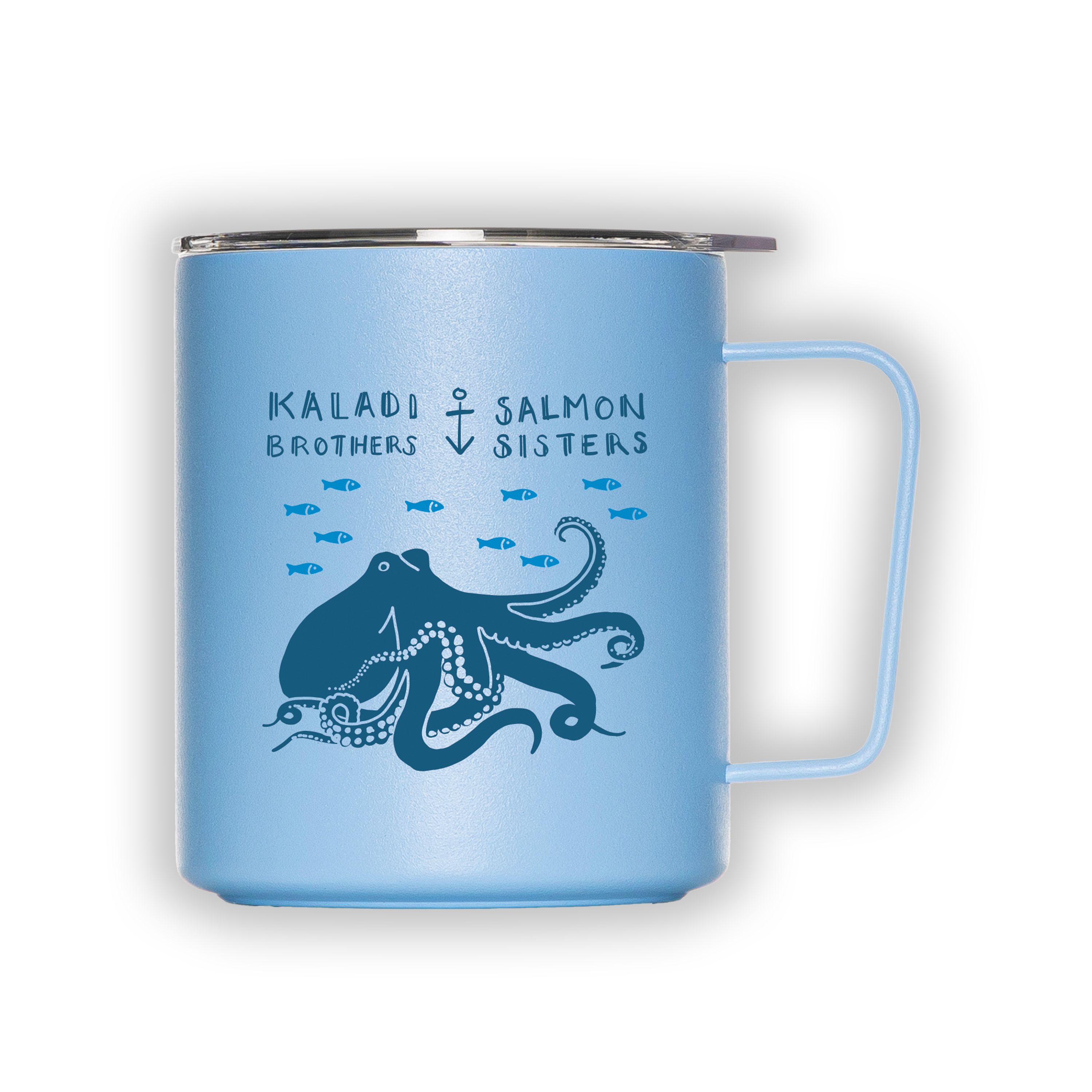 Light blue 12oz camp cup with Salmon Sisters octopus illustration — Mug Up collection