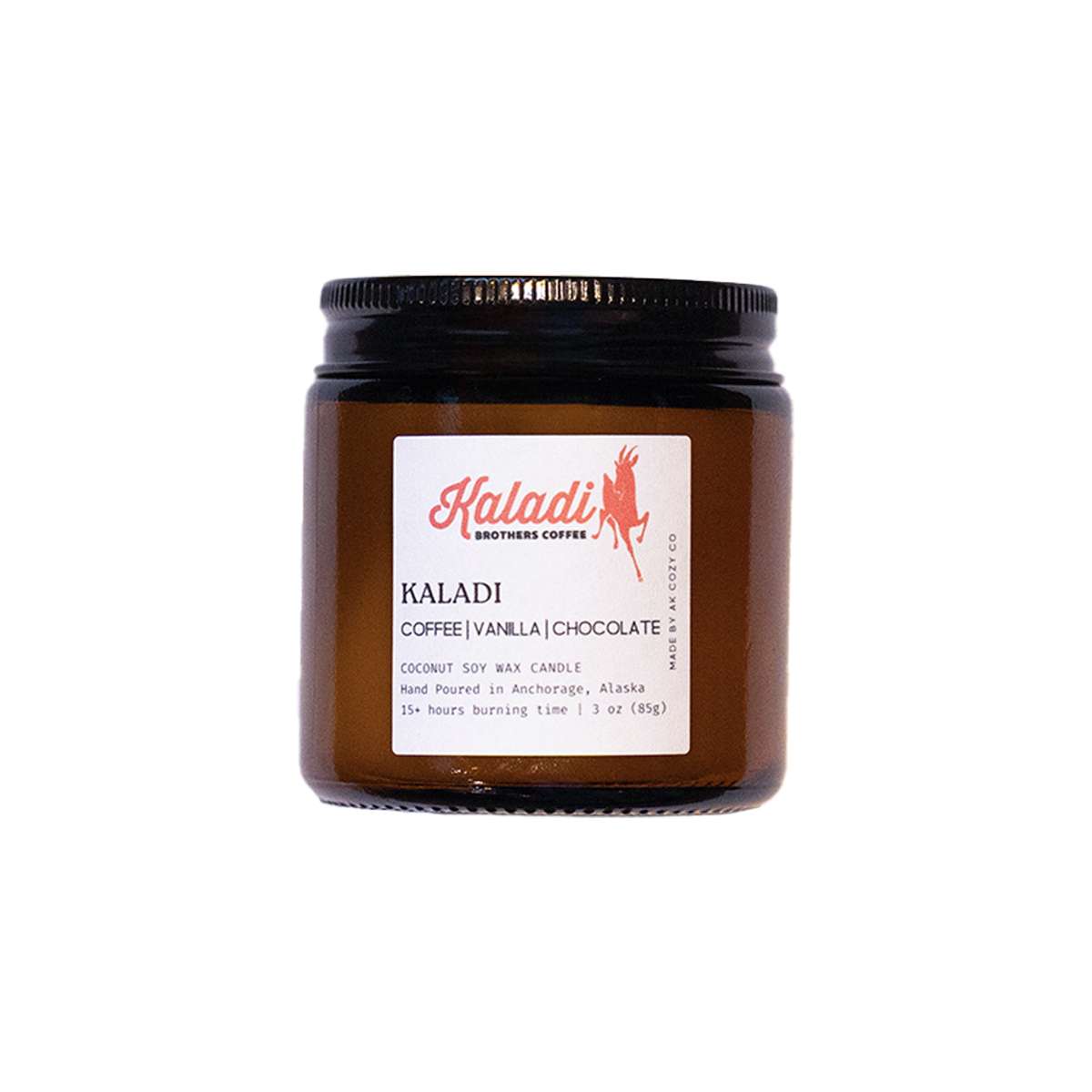 AK Cozy Co amber glass candle with Kaladi coffee label