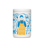 White MiiR coffee canister with blue Salmon Sisters artwork