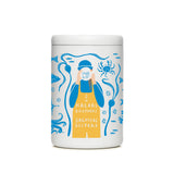 White MiiR coffee canister with blue Salmon Sisters artwork