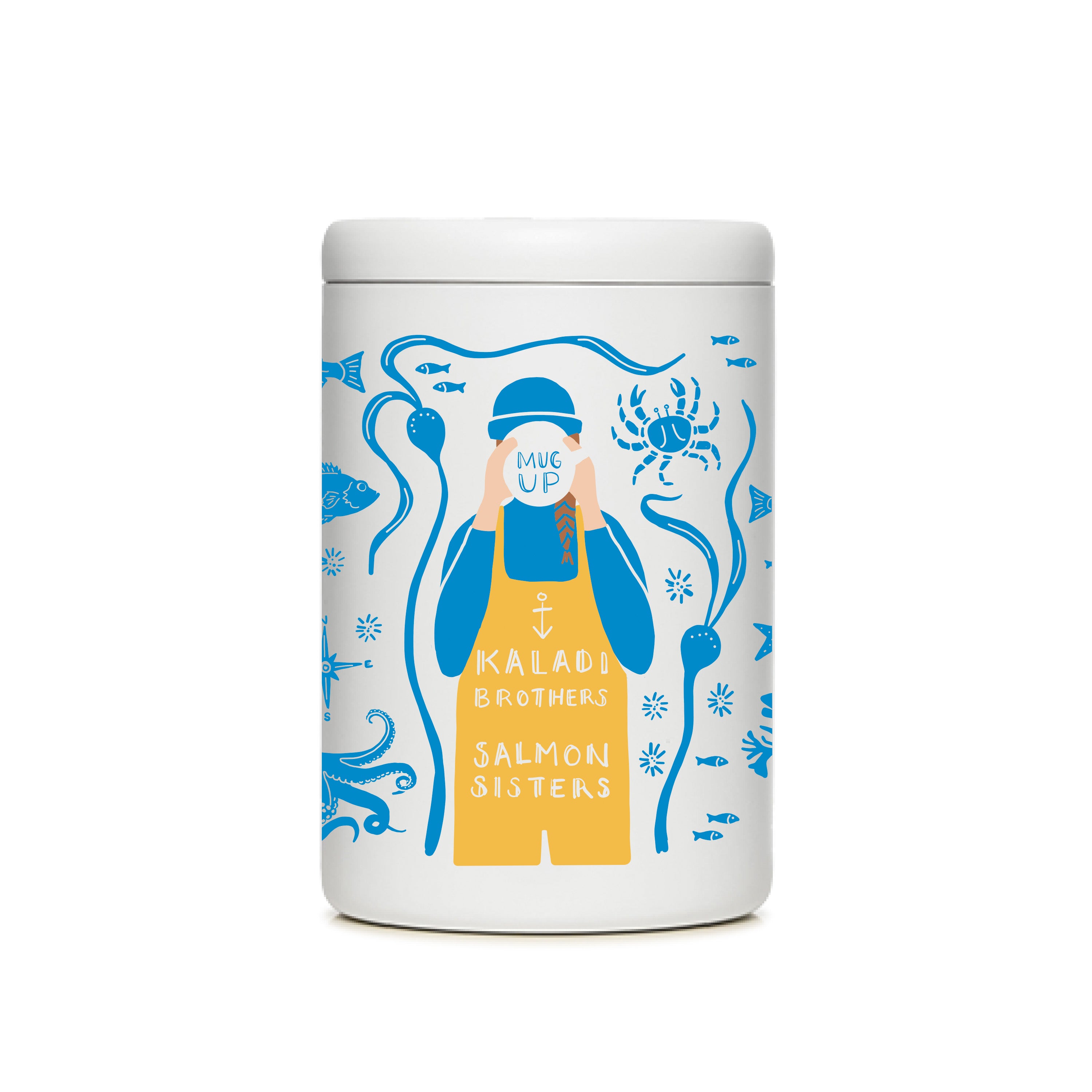 White MiiR coffee canister with blue Salmon Sisters artwork