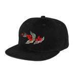 Black five-panel hat with embroidered red and green coffee cherry design