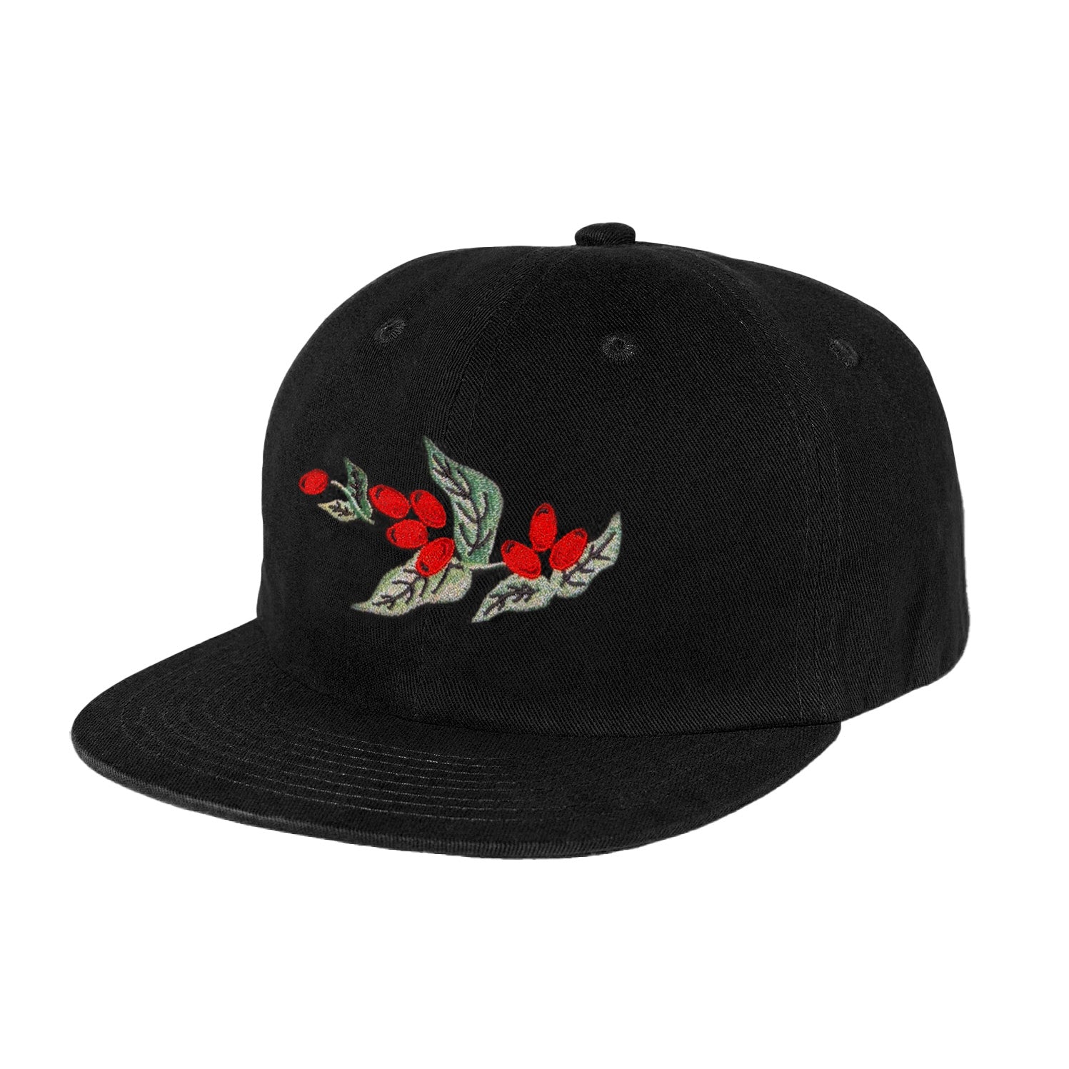 Black five-panel hat with embroidered red and green coffee cherry design
