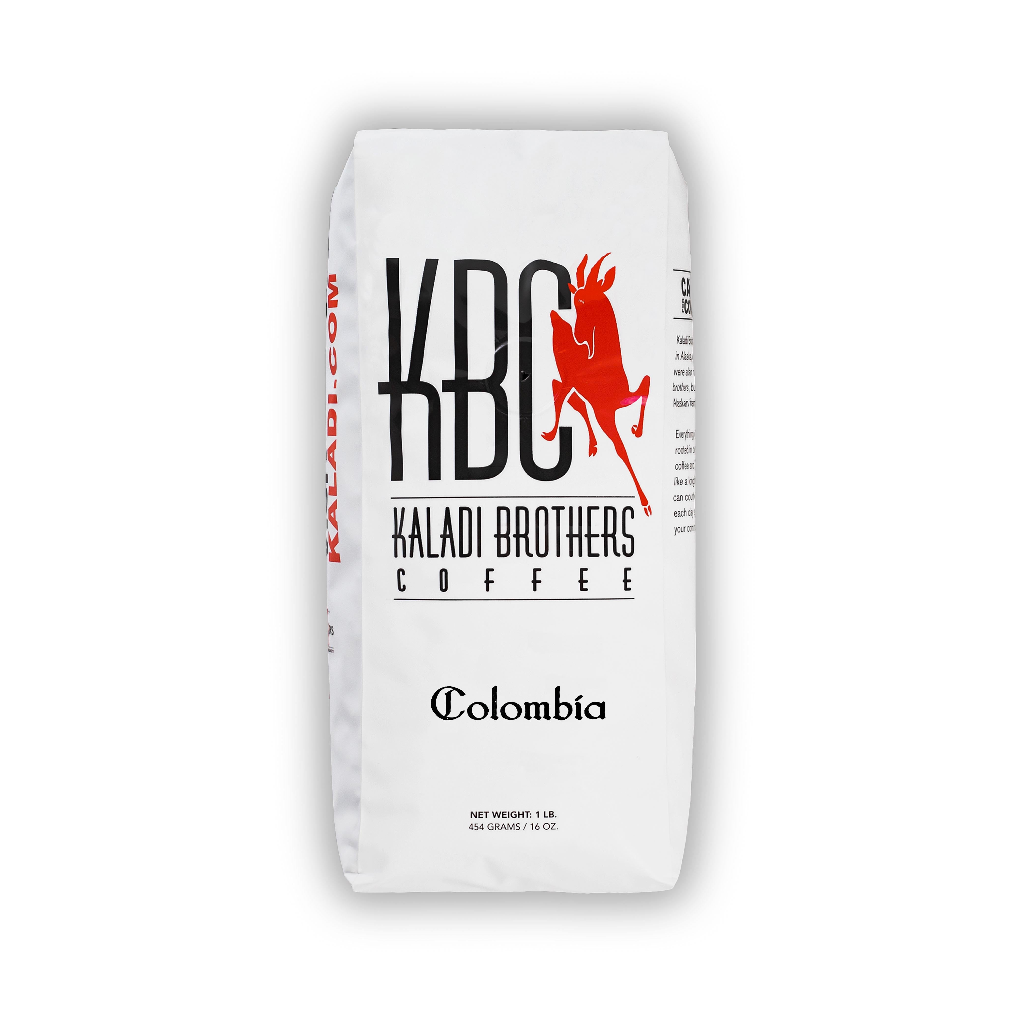 Colombia single origin 1lb bag — white Kaladi Brothers Coffee bag with red goat logo