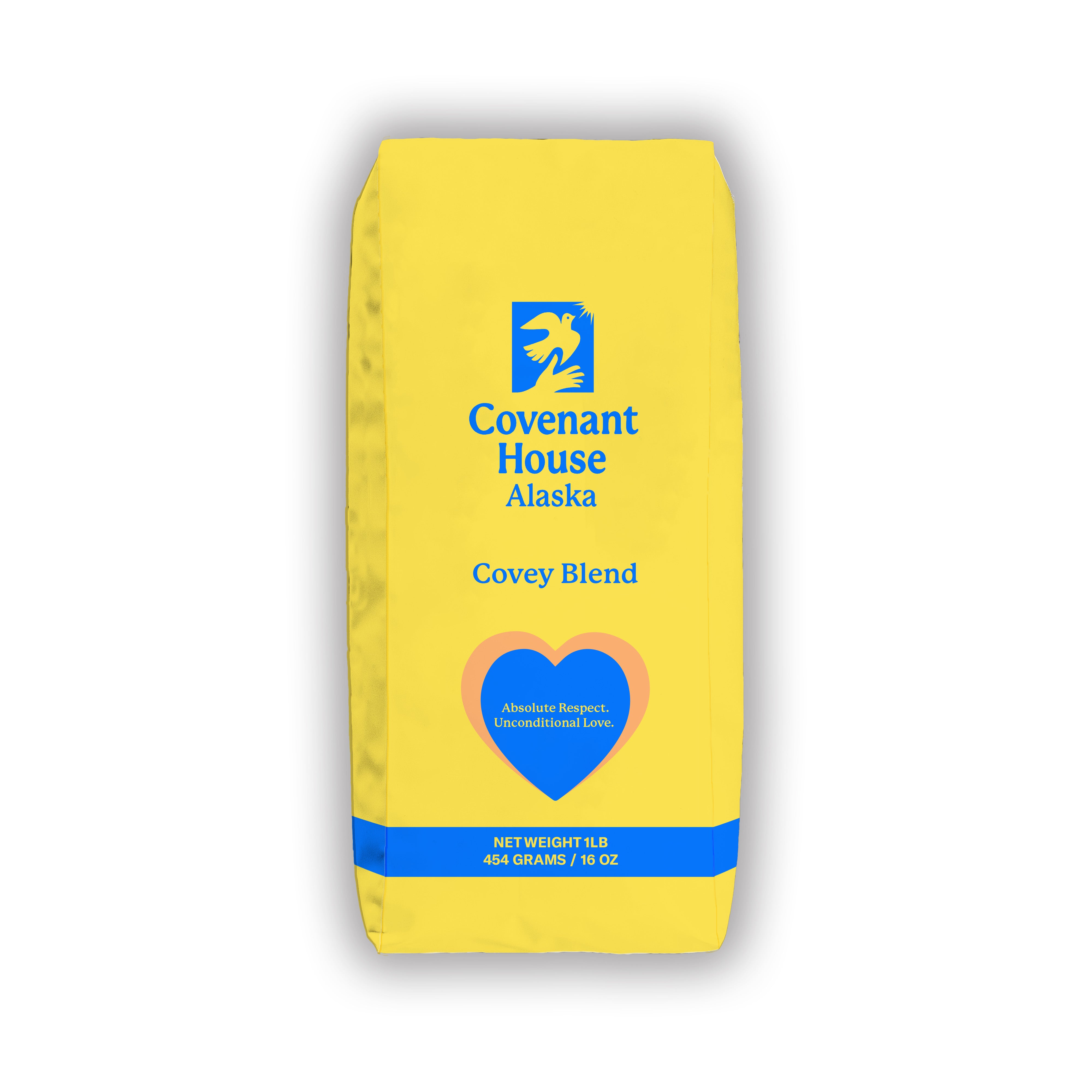 Covey Blend yellow coffee bag benefiting Covenant House Alaska