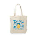 Cream canvas MiiR tote with blue Salmon Sisters fisherman illustration