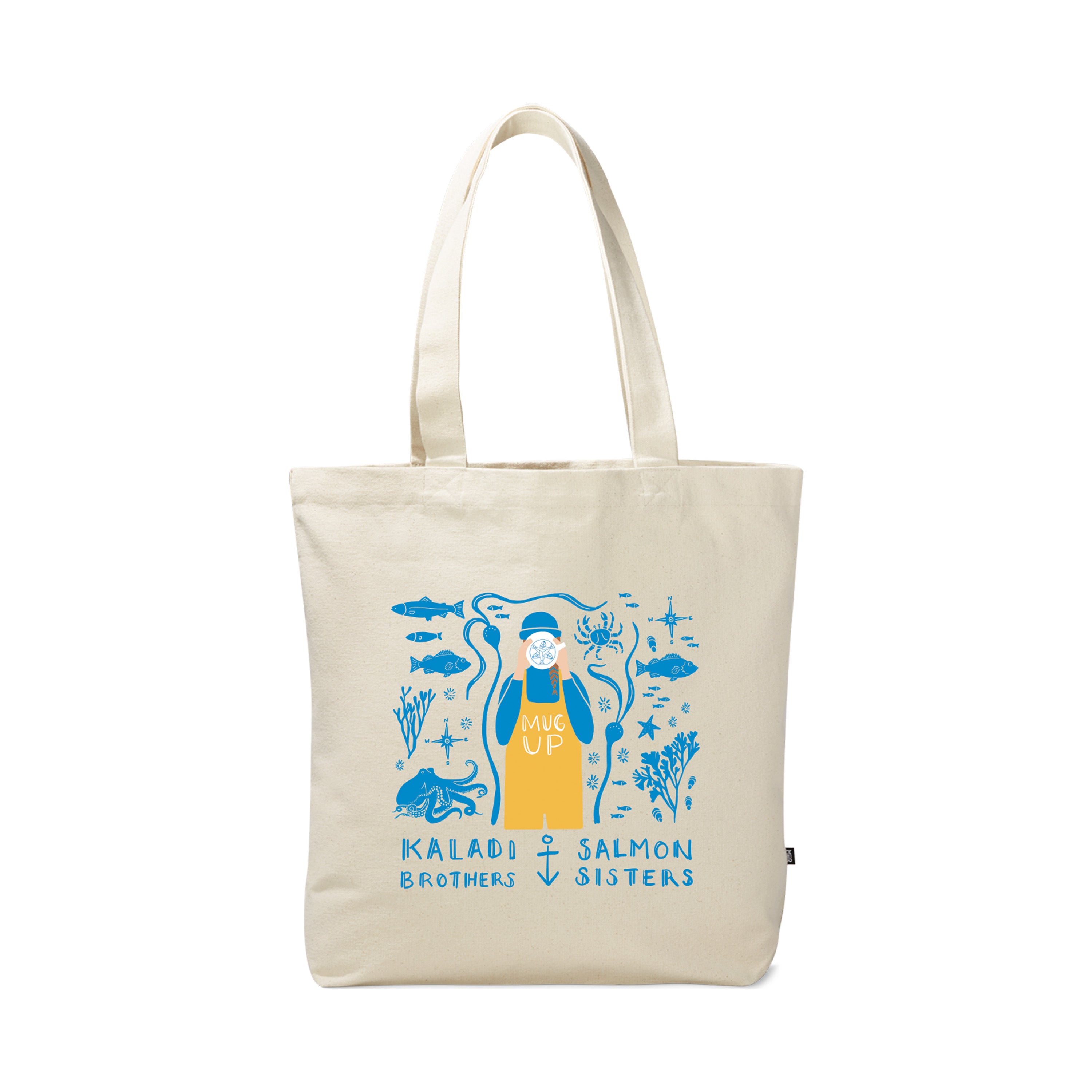 Cream canvas MiiR tote with blue Salmon Sisters fisherman illustration