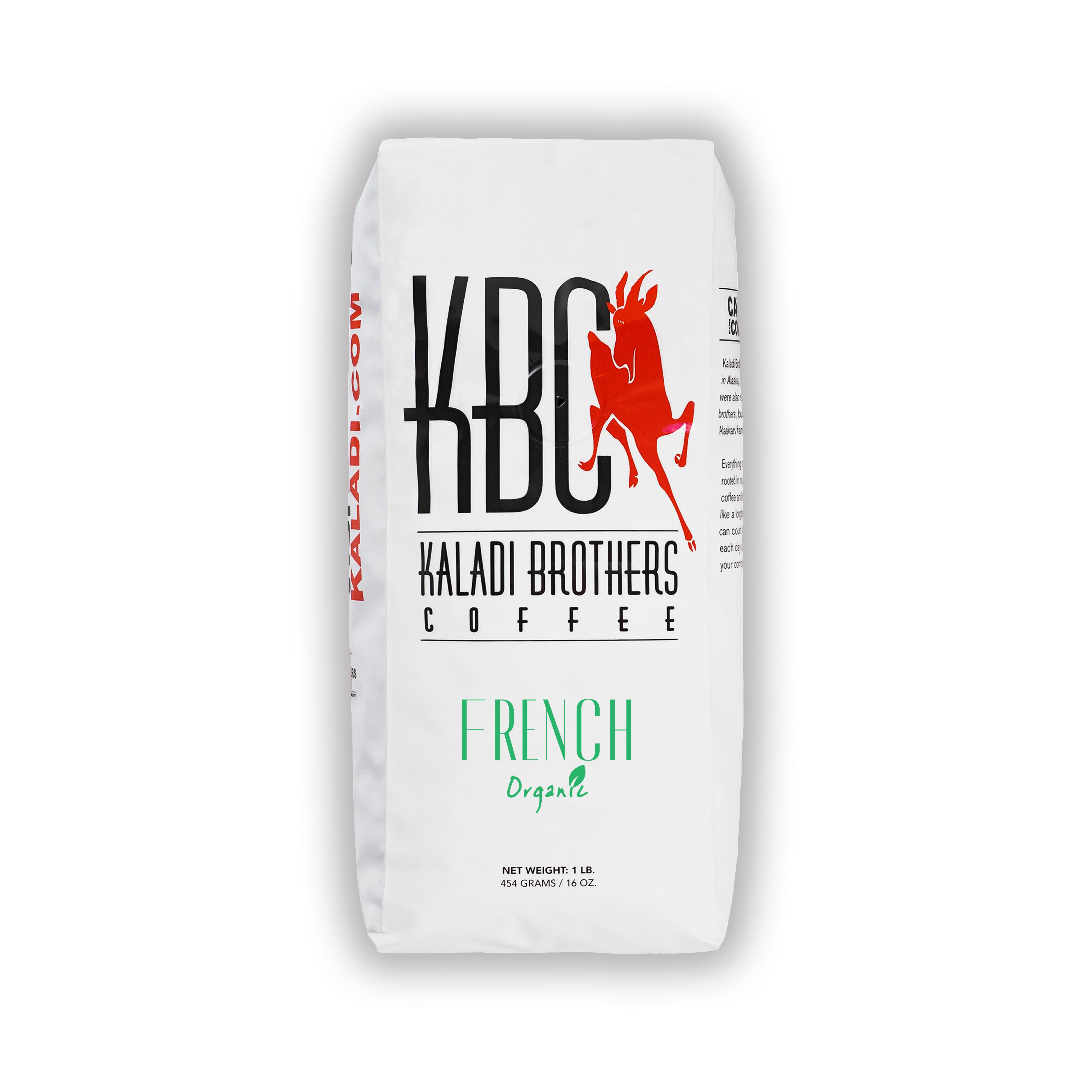 French Organic blend 1lb bag — white Kaladi Brothers Coffee bag with green lettering