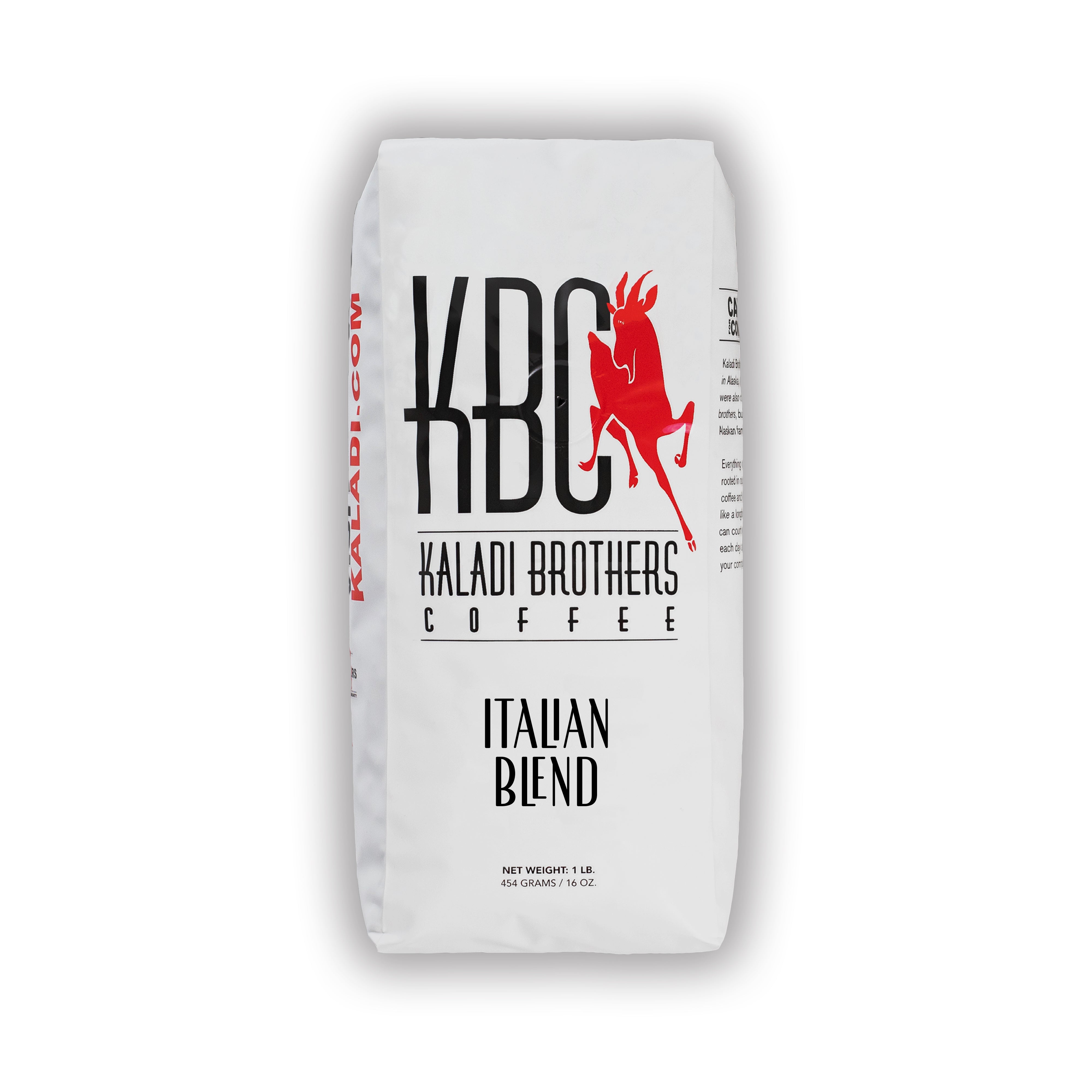 Italian Blend 1lb bag — white Kaladi Brothers Coffee bag with red goat logo