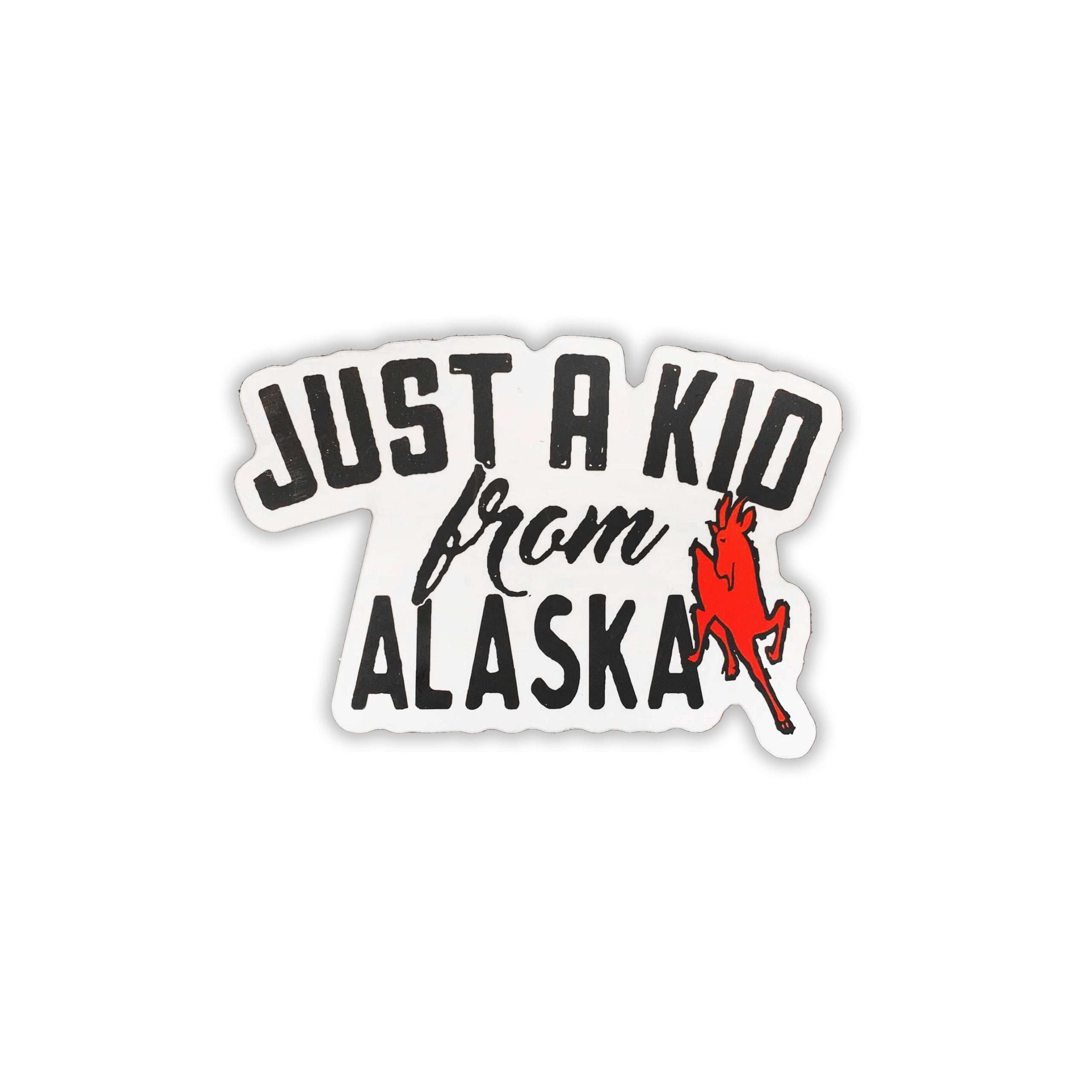 Just a Kid From Alaska die-cut sticker with red goat