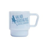 Pale blue 8oz milk glass mug with blue Kaladi Brothers logo
