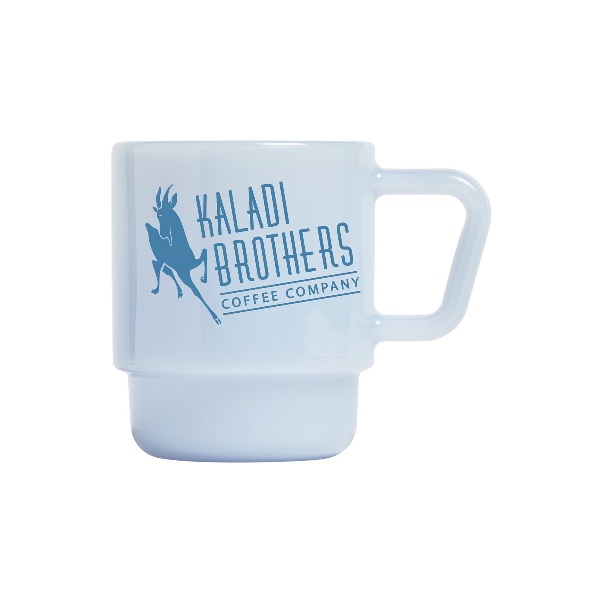 Pale blue 8oz milk glass mug with blue Kaladi Brothers logo