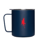 Navy MiiR 12oz camp cup with red goat logo, back view