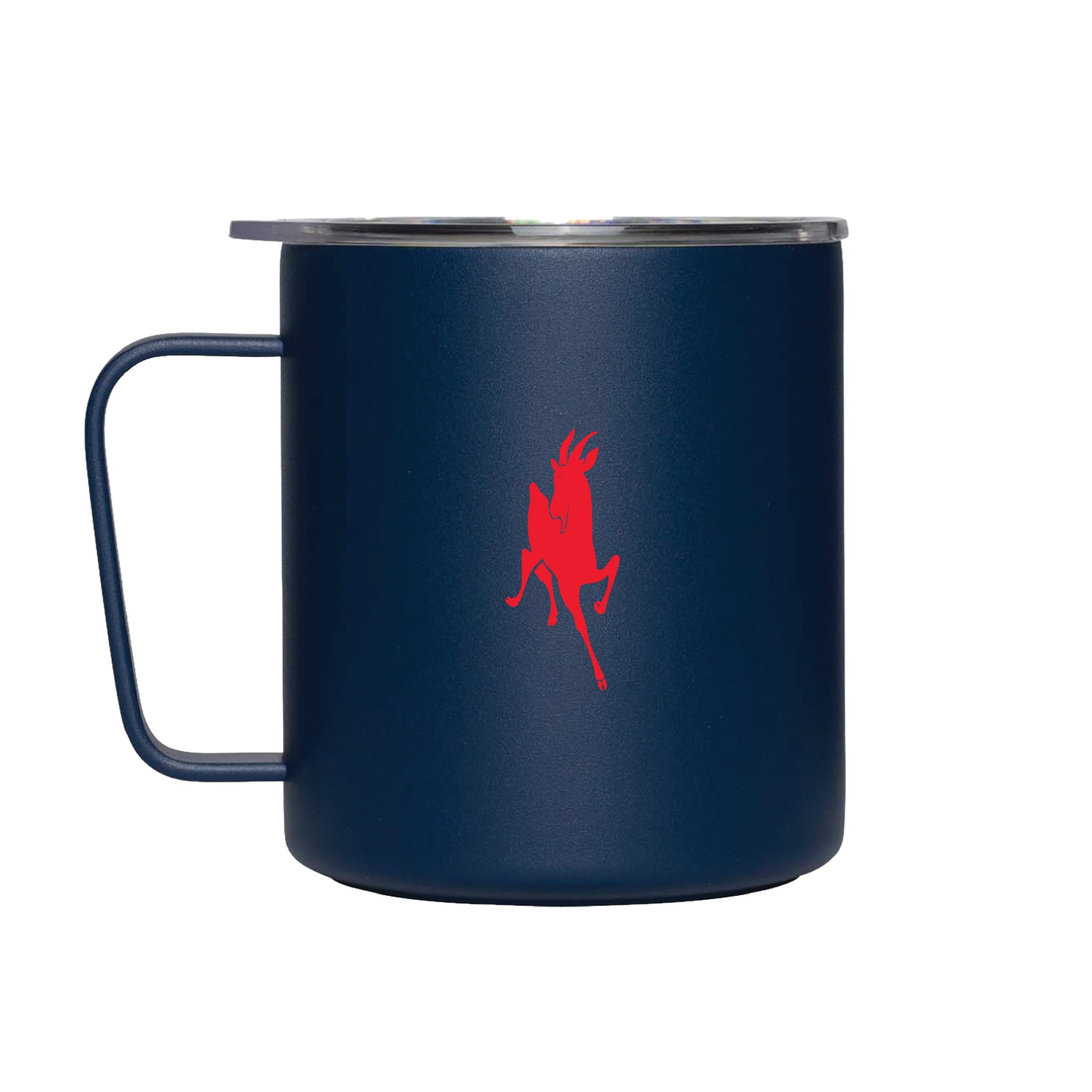 Navy MiiR 12oz camp cup with red goat logo, back view