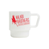 White 8oz milk glass mug with red Kaladi Brothers logo