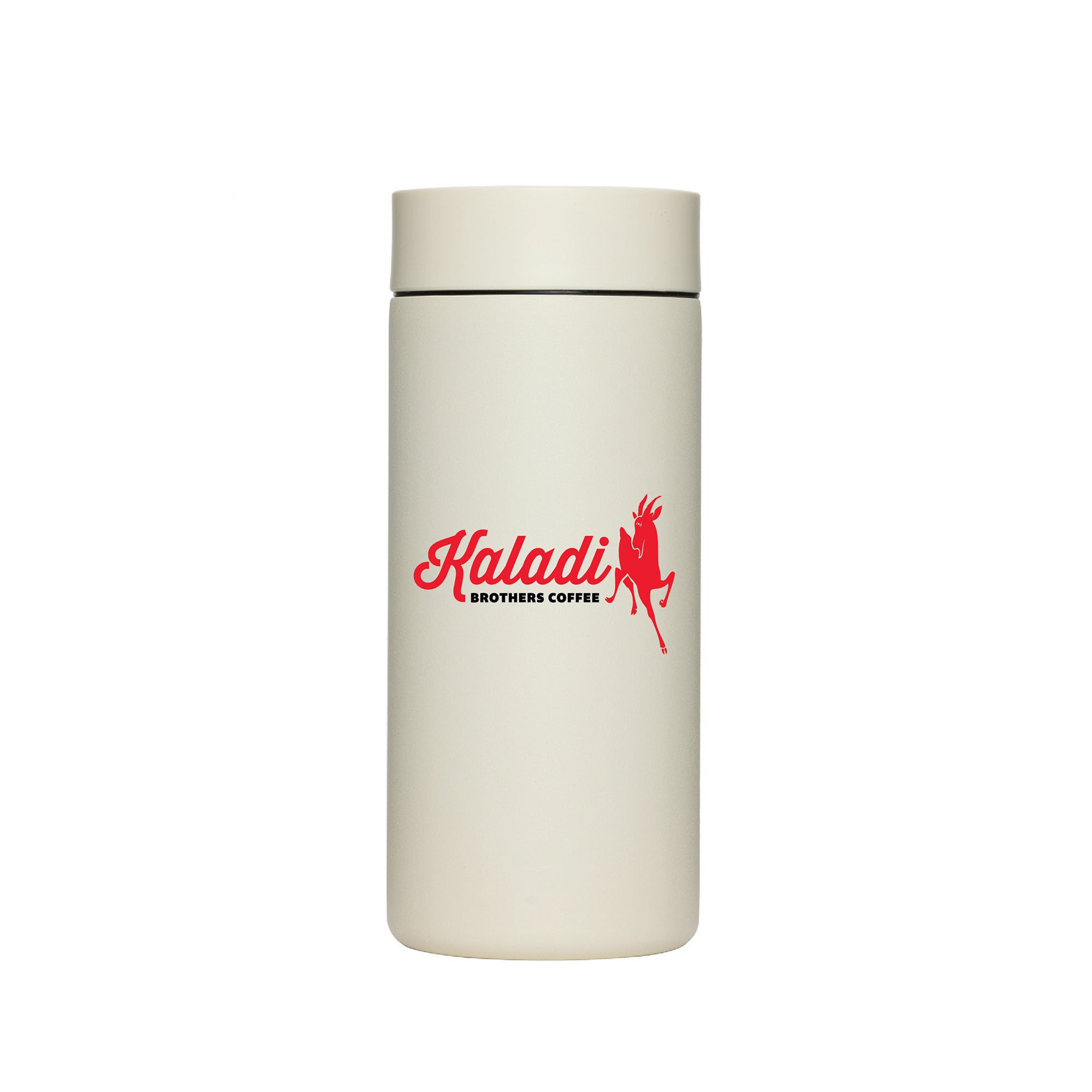 Sandstone white MiiR 12oz 360 Traveler with red Kaladi script