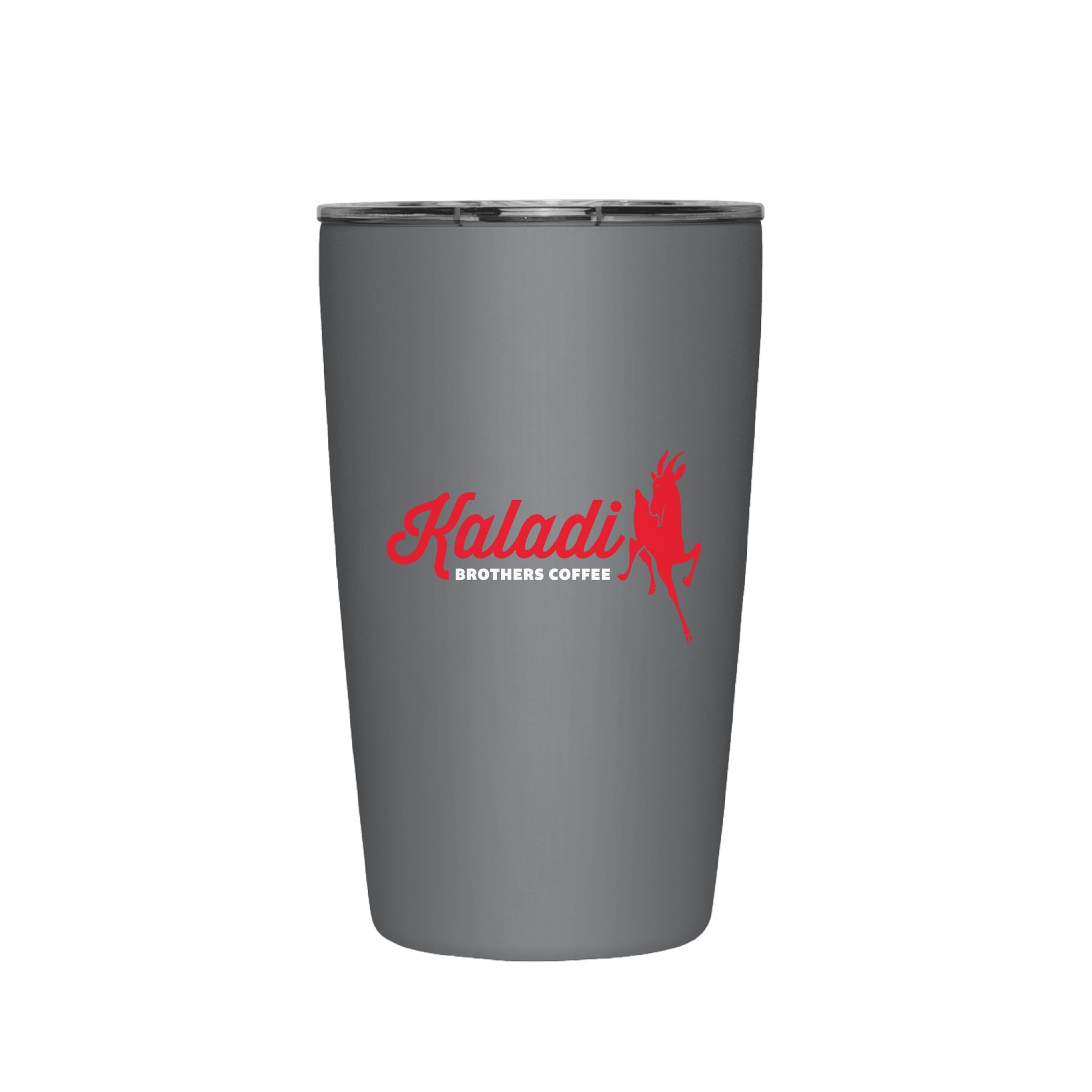 Gray MiiR 12oz tumbler with red Kaladi script