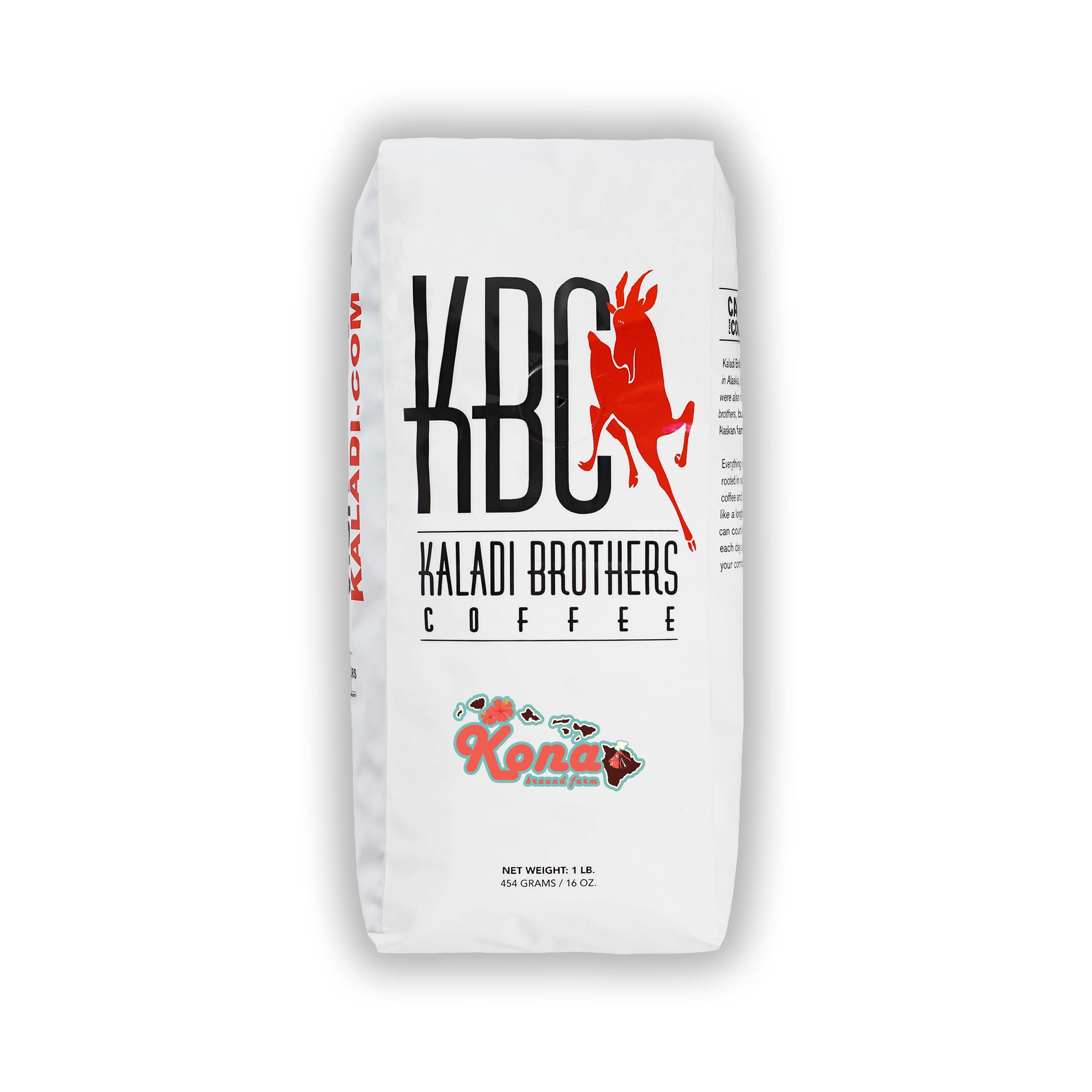 100% Estate Kona single origin 1lb bag with red Kona script, Kaladi Brothers Coffee