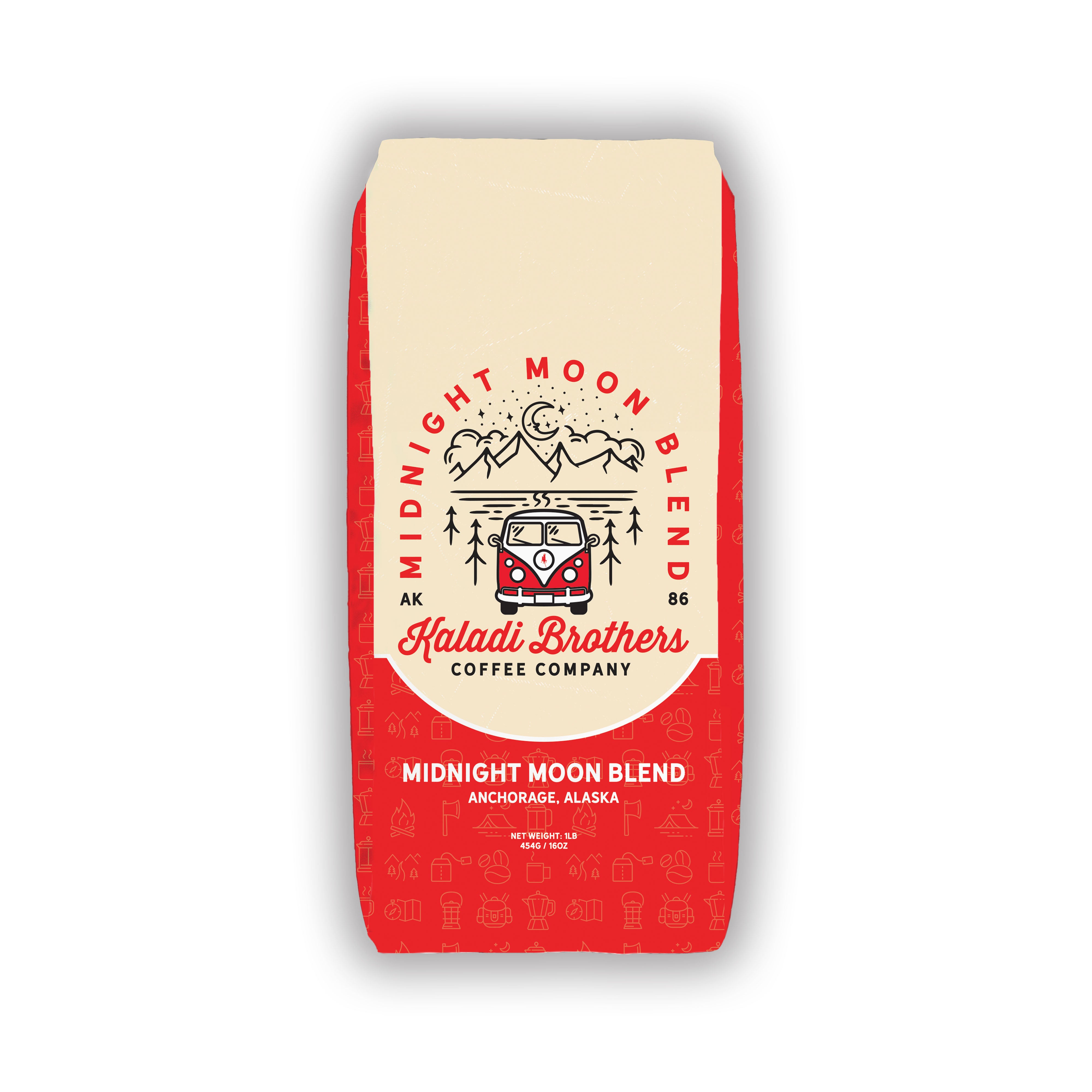 Midnight Moon Blend coffee bag — cream and red Kaladi Brothers packaging