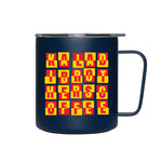 Navy MiiR 12oz camp cup with yellow and red Kaladi goat pattern