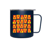 Navy MiiR 12oz camp cup with yellow and red Kaladi goat pattern