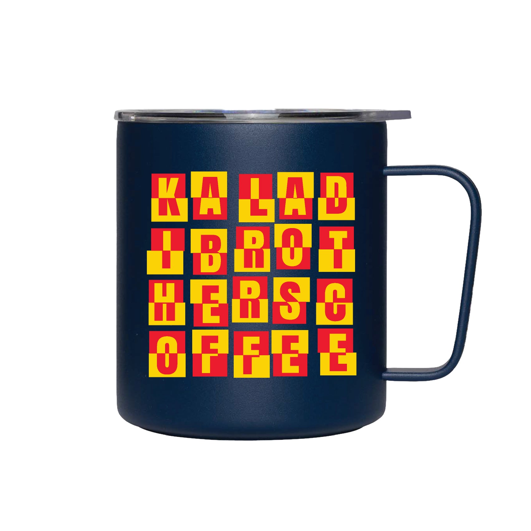 Navy MiiR 12oz camp cup with yellow and red Kaladi goat pattern