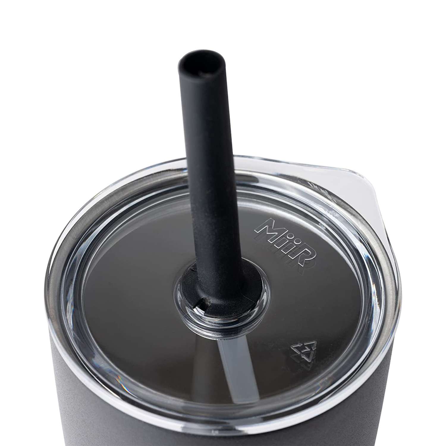 Black MiiR straw lid on a tumbler, close-up