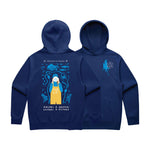 Mug Up Hoodie front and back — blue hoodie with Salmon Sisters fisherman artwork