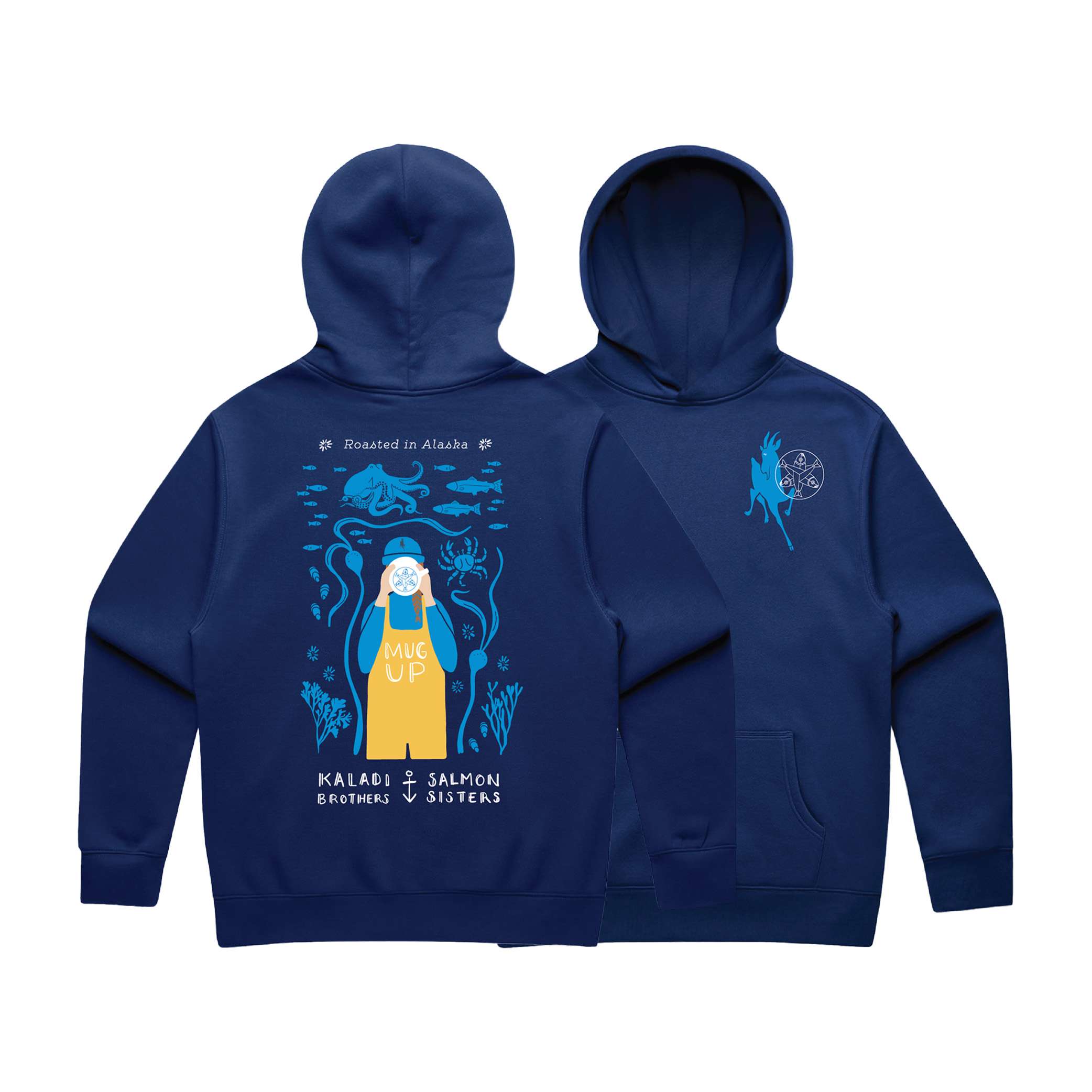 Mug Up Hoodie front and back — blue hoodie with Salmon Sisters fisherman artwork