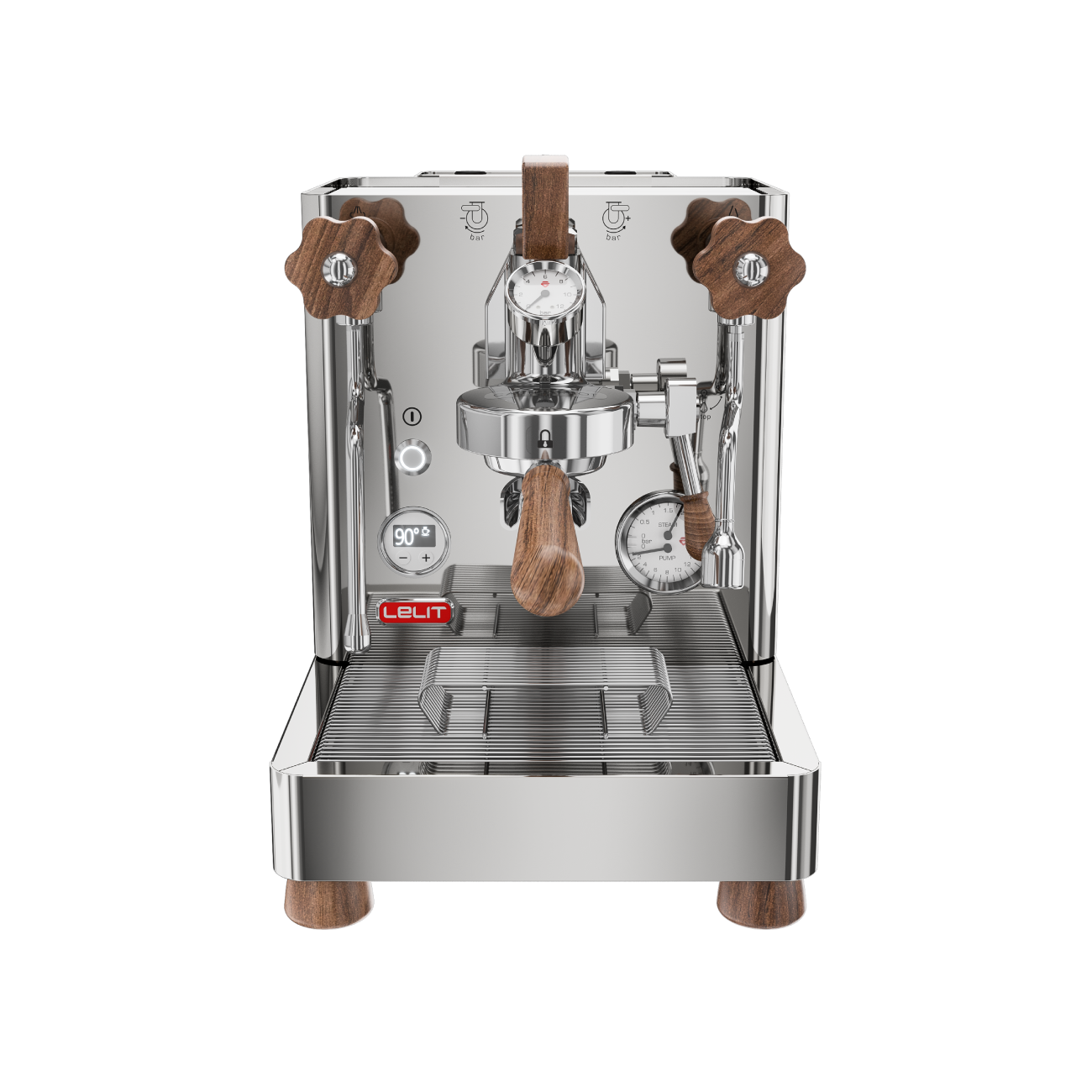 Lelit Bianca espresso machine, stainless with wood accents, front view